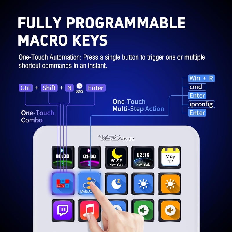 VSDINSIDE Macro Keypad, Stream Controller Deck Gaming Streaming Shortcut Keyboard, 18 Programmable Keys Customizable Visual AI Pad USB Soundboard for OBS, YouTube, Desk Office Setup, Laptop, PC, Mac - Image 2